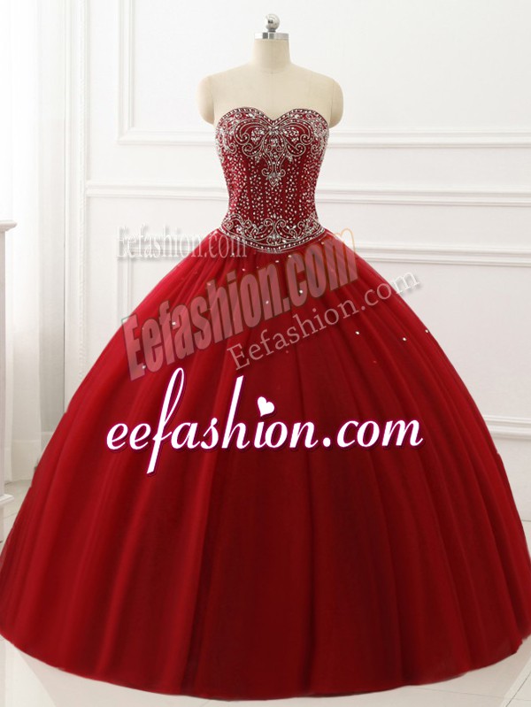 Sumptuous Sweetheart Sleeveless Lace Up Vestidos de Quinceanera Wine Red Tulle
