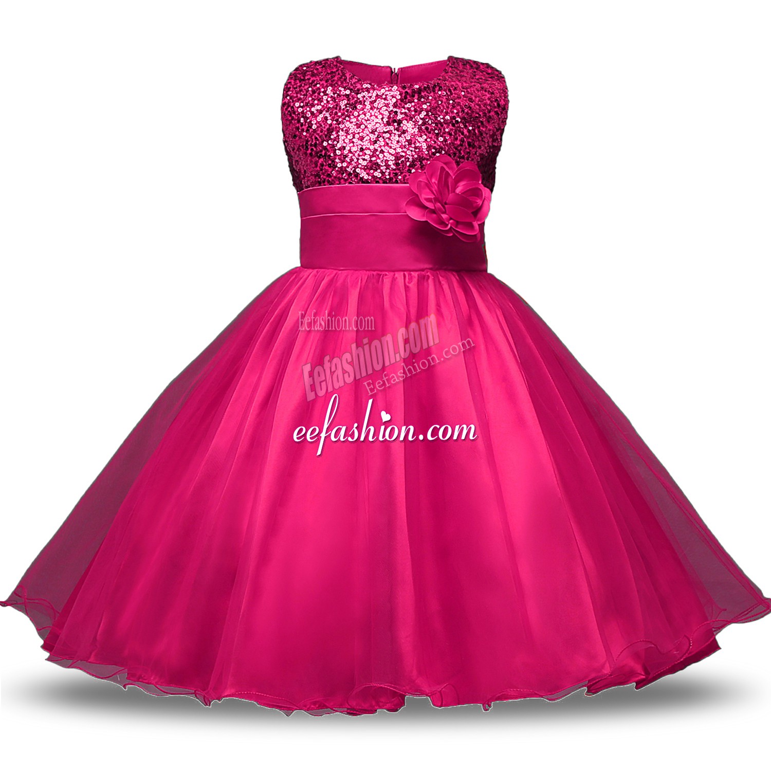  Sleeveless Organza and Sequined Knee Length Zipper Flower Girl Dresses for Less in Hot Pink with Belt and Hand Made Flower