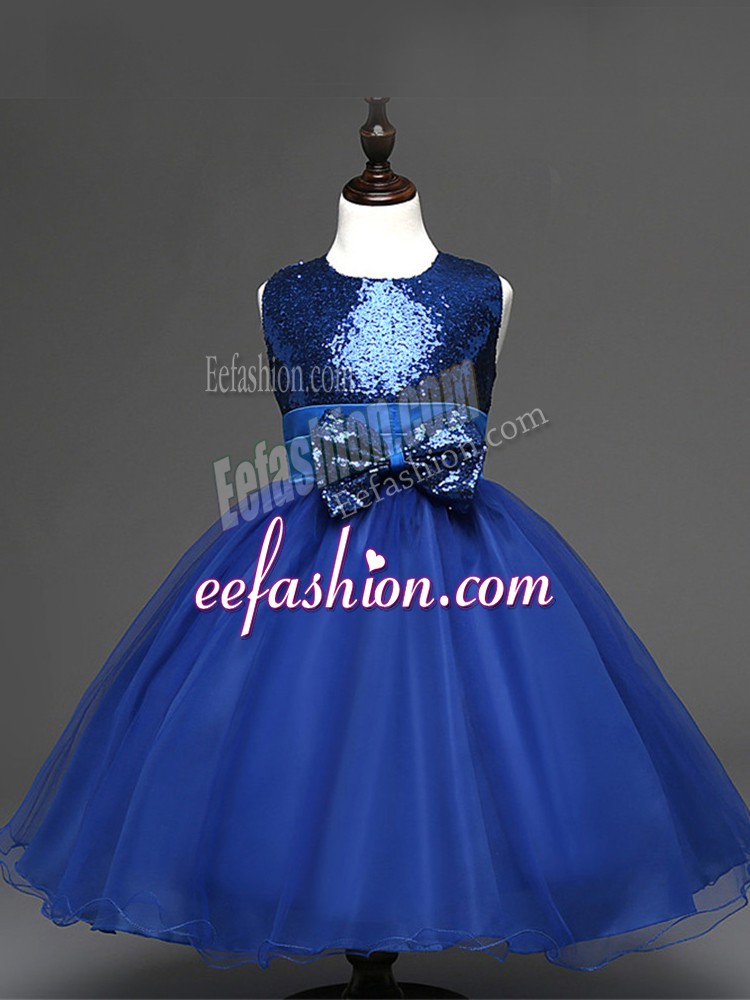 Sophisticated Tulle Scoop Sleeveless Zipper Sequins and Bowknot Flower Girl Dresses for Less in Royal Blue