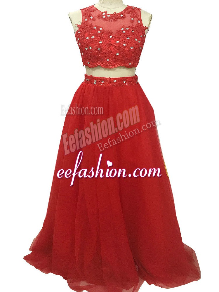 Dramatic Scoop Sleeveless Ball Gown Prom Dress Sweep Train Beading and Appliques Red Tulle