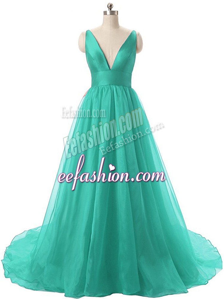  Turquoise Prom Dresses Organza Brush Train Sleeveless Ruching