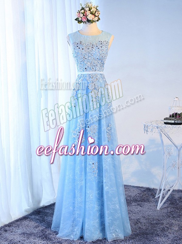 Dynamic A-line Prom Evening Gown Baby Blue Scoop Tulle Sleeveless Floor Length Zipper