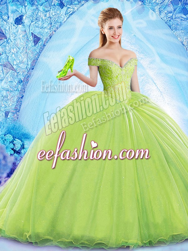 High End Yellow Green Quinceanera Gowns Military Ball and Sweet 16 and Quinceanera with Beading Off The Shoulder Sleeveless Brush Train Lace Up