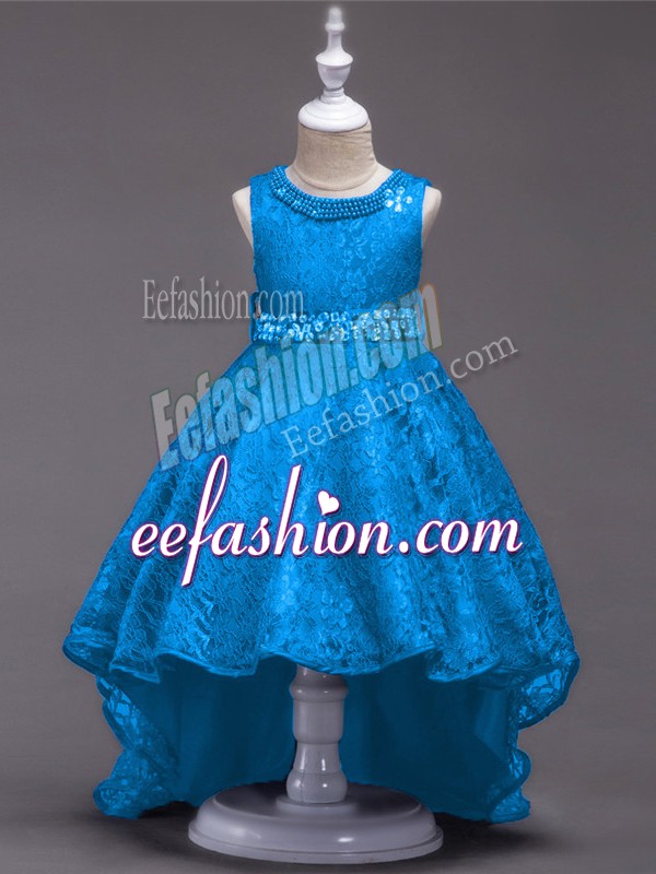  High Low A-line Sleeveless Blue Flower Girl Dress Lace Up