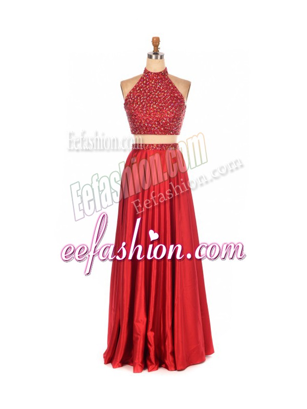  Red Two Pieces Elastic Woven Satin High-neck Sleeveless Beading Floor Length Backless Prom Gown