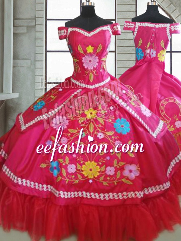 Perfect Short Sleeves Taffeta Floor Length Lace Up Sweet 16 Dresses in Hot Pink with Beading and Embroidery