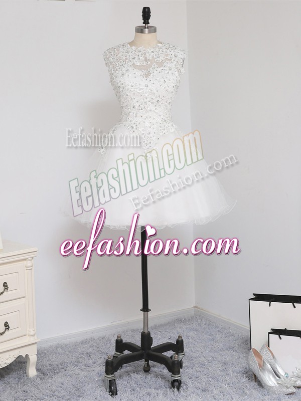 Most Popular White Zipper Scoop Beading and Lace and Appliques Prom Dress Tulle Sleeveless