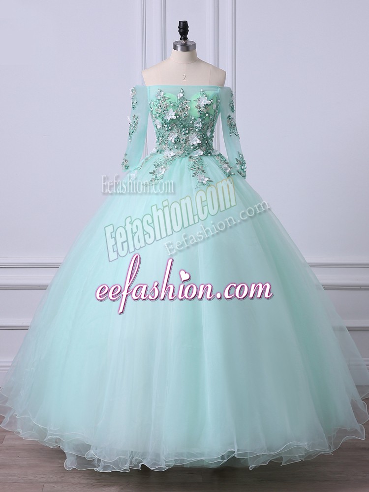  3 4 Length Sleeve Floor Length Beading Lace Up Vestidos de Quinceanera with Apple Green