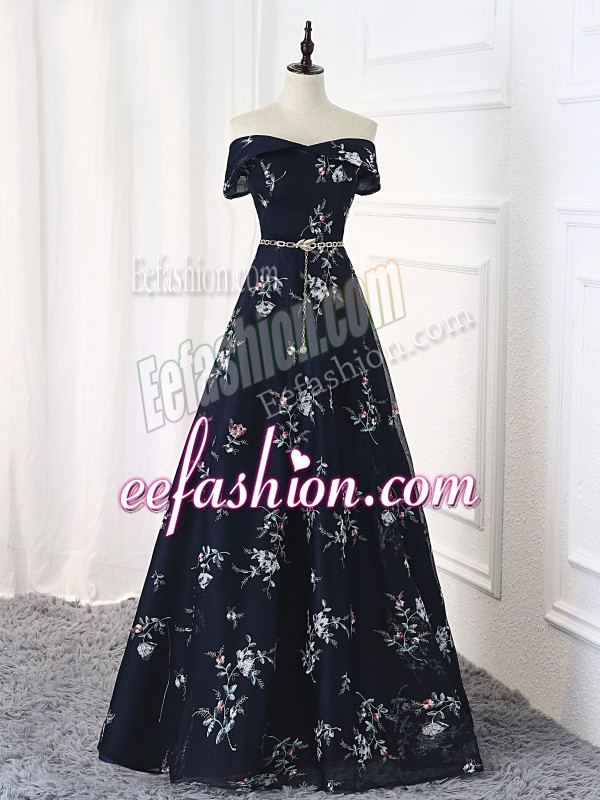 Free and Easy Multi-color Printed Lace Up Homecoming Dress Sleeveless Floor Length Beading and Belt