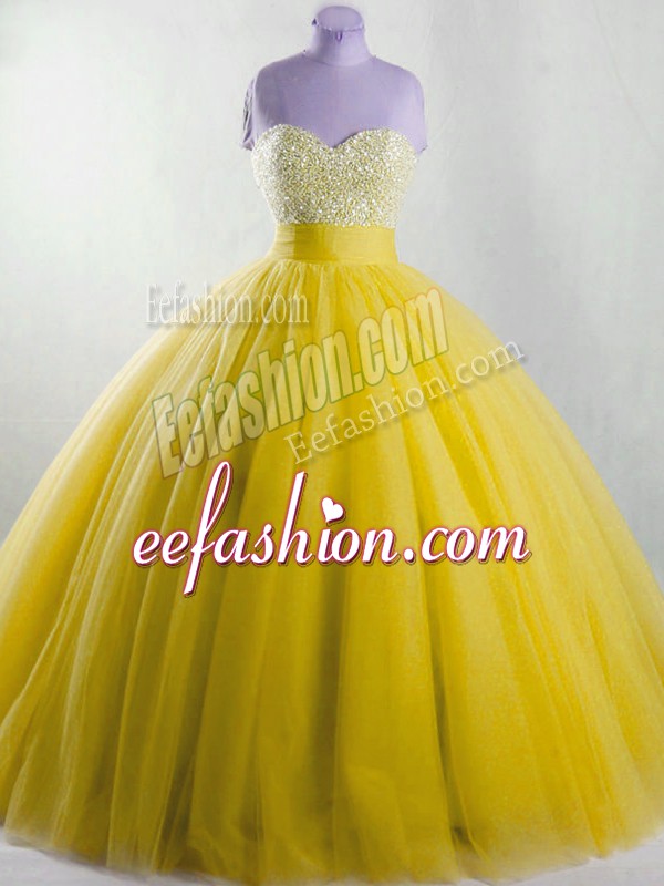 Fitting Floor Length Lace Up Vestidos de Quinceanera Yellow for Sweet 16 and Quinceanera with Beading