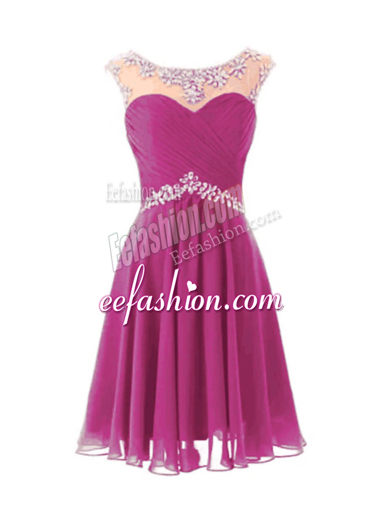  Knee Length Fuchsia Prom Party Dress Scoop Cap Sleeves Zipper