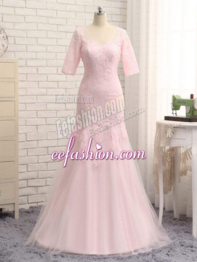  Baby Pink Half Sleeves Tulle Zipper Mother Of The Bride Dress for Prom and Military Ball and Beach