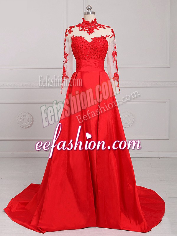  Red Long Sleeves Brush Train Lace and Appliques Going Out Dresses