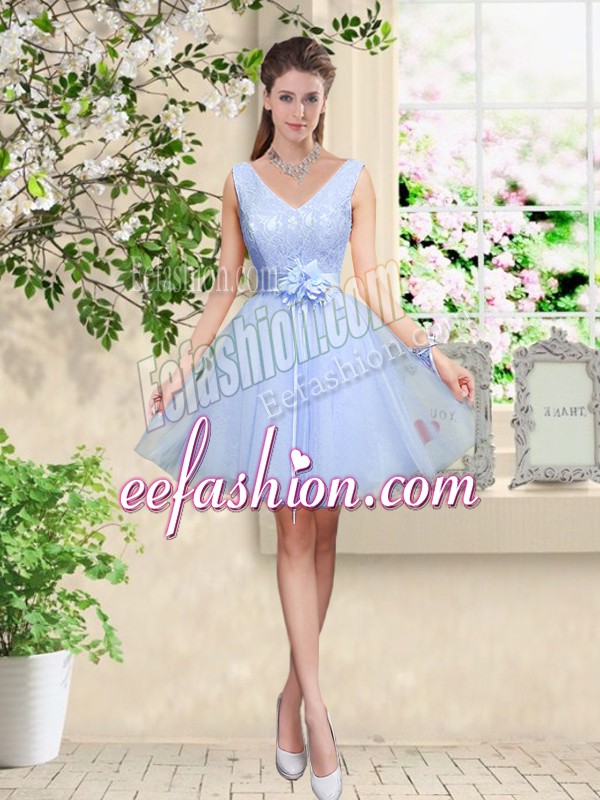  Sleeveless Tulle Knee Length Lace Up Quinceanera Court Dresses in Lavender with Lace and Belt