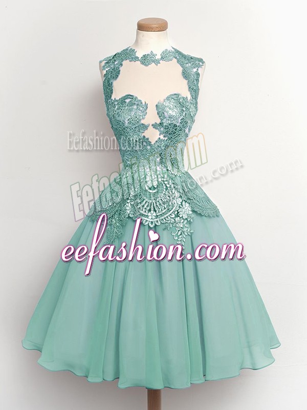 Luxurious Light Blue Lace Up Dama Dress for Quinceanera Lace Sleeveless Knee Length