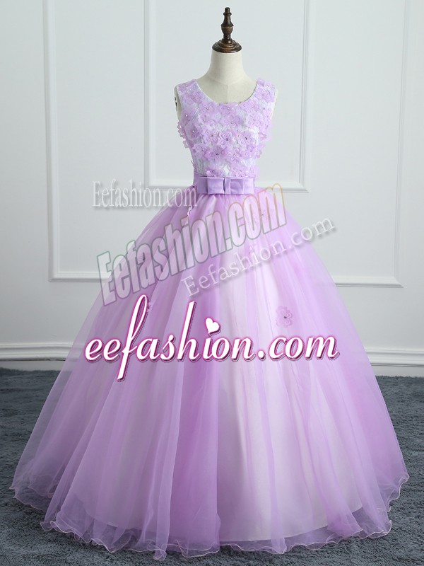 Inexpensive Organza Sleeveless Floor Length Sweet 16 Dress and Lace and Appliques and Bowknot