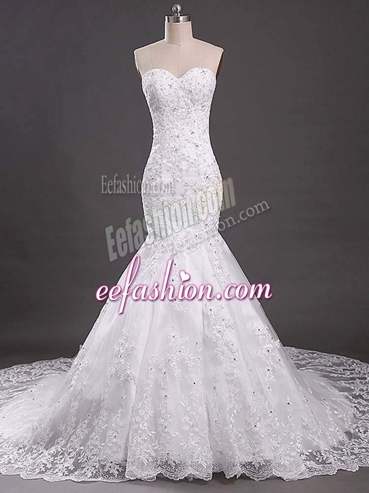 Unique White Wedding Gown Wedding Party with Lace Sweetheart Sleeveless Court Train Lace Up