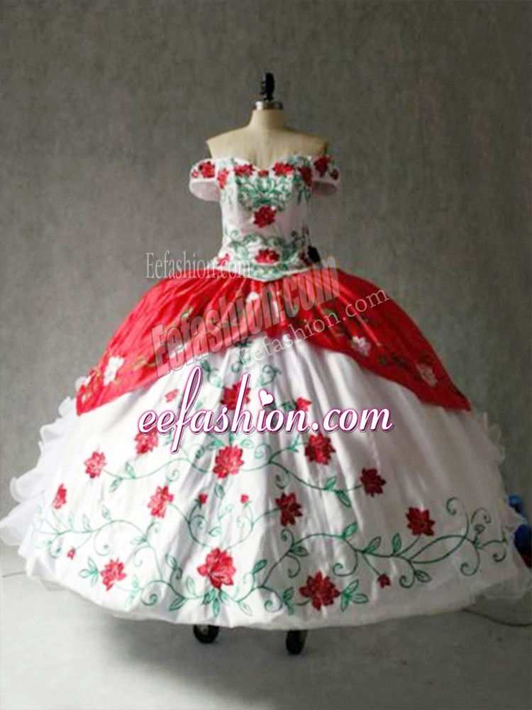  Cap Sleeves Floor Length Embroidery and Ruffles Lace Up 15 Quinceanera Dress with White And Red 