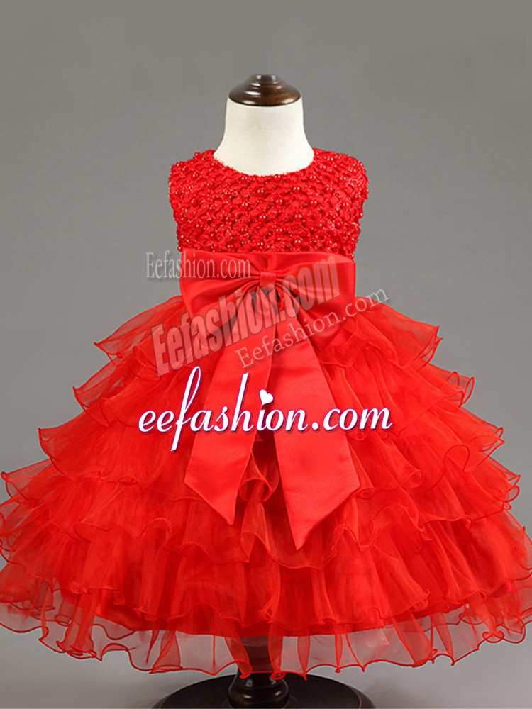  Scoop Sleeveless Toddler Flower Girl Dress Knee Length Ruffled Layers and Bowknot Red Organza
