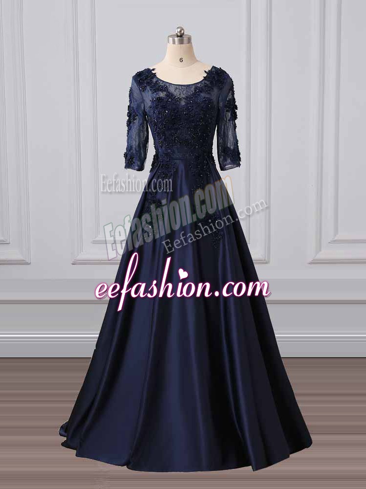  Satin Scoop 3 4 Length Sleeve Brush Train Zipper Lace and Appliques Mother Of The Bride Dress in Navy Blue