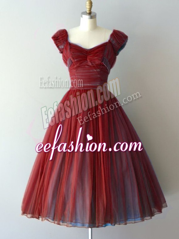 Beauteous Rust Red Cap Sleeves Knee Length Ruching Lace Up Bridesmaids Dress