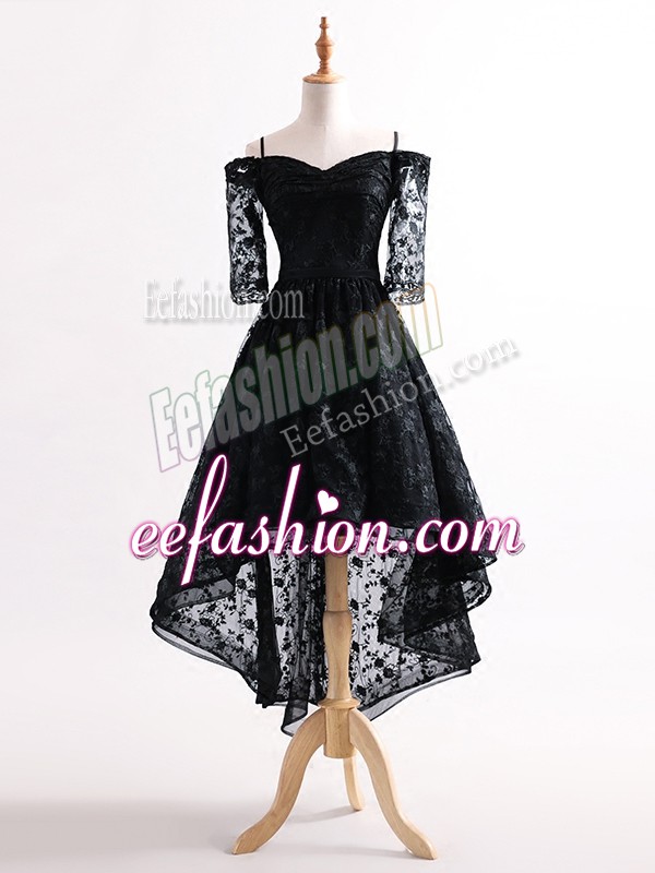  High Low A-line Half Sleeves Black Prom Dress Lace Up