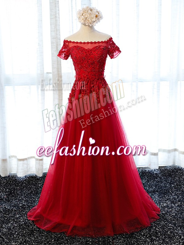 Smart Off The Shoulder Short Sleeves Tulle Prom Gown Lace and Appliques Lace Up