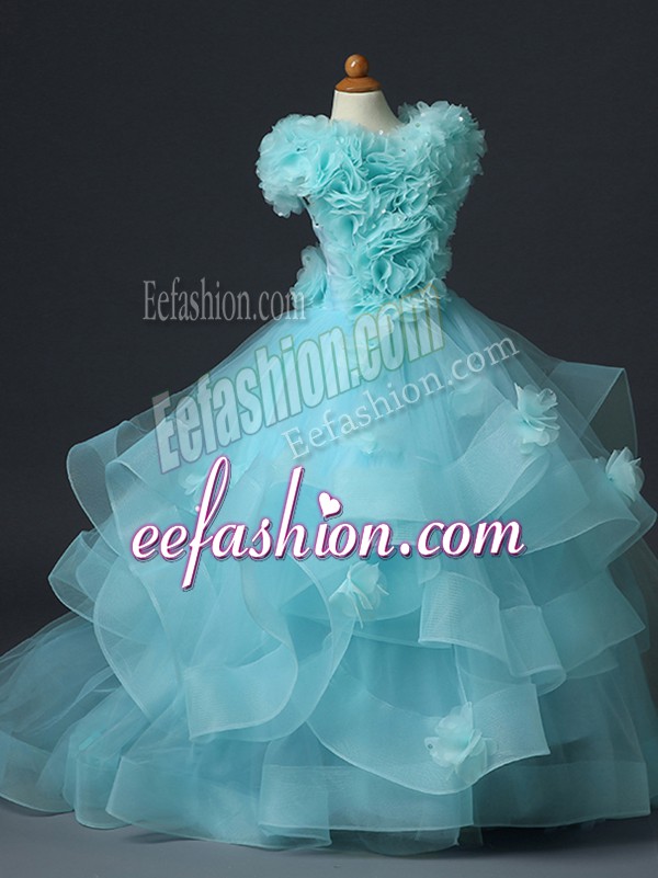 Latest Tulle Sleeveless Floor Length Little Girl Pageant Dress and Ruffles and Hand Made Flower