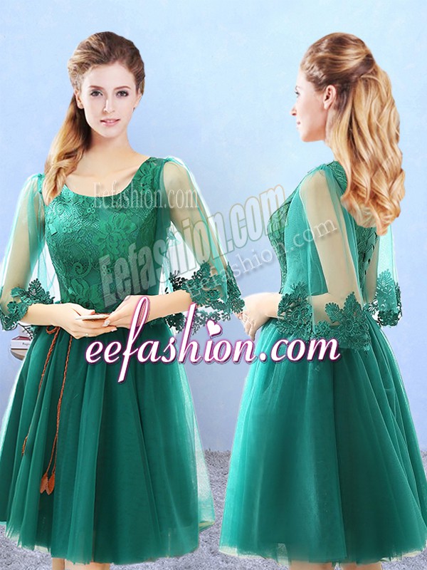  Lace and Appliques Wedding Party Dress Green Lace Up 3 4 Length Sleeve Knee Length