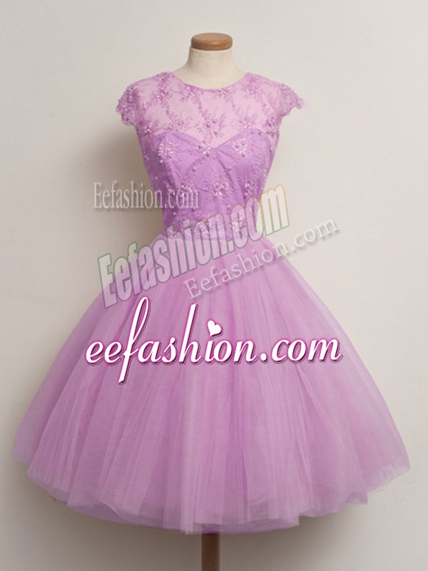  Lilac Scoop Lace Up Lace Bridesmaid Dresses Cap Sleeves