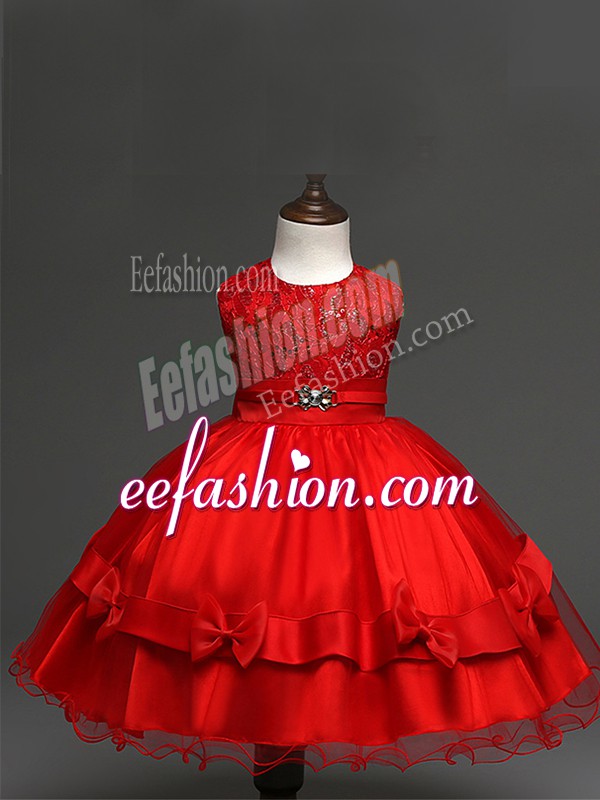  Red Scoop Neckline Lace and Bowknot Flower Girl Dresses for Less Sleeveless Zipper