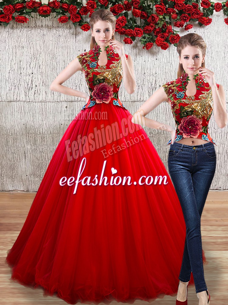  High-neck Sleeveless Vestidos de Quinceanera Floor Length Appliques Red Organza