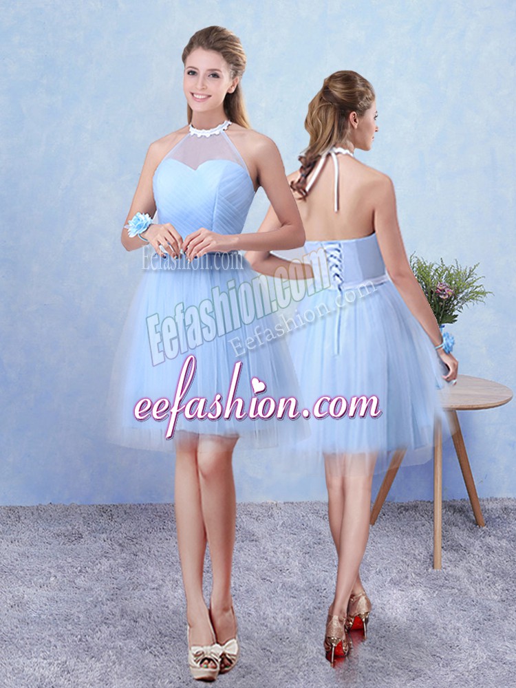  Blue Lace Up Halter Top Ruching Dama Dress Tulle Sleeveless