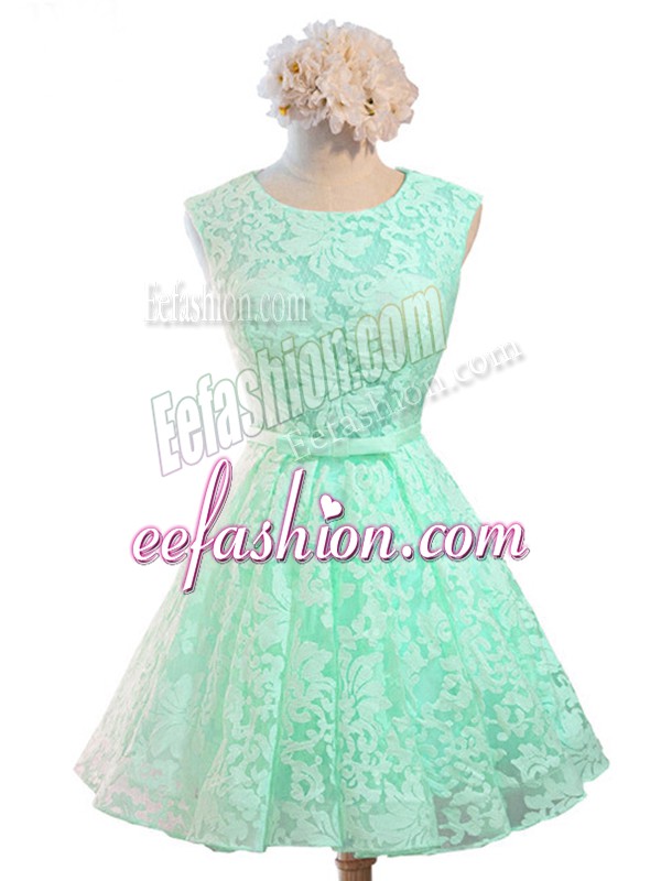  Sleeveless Lace Knee Length Lace Up Dama Dress in Apple Green with Belt