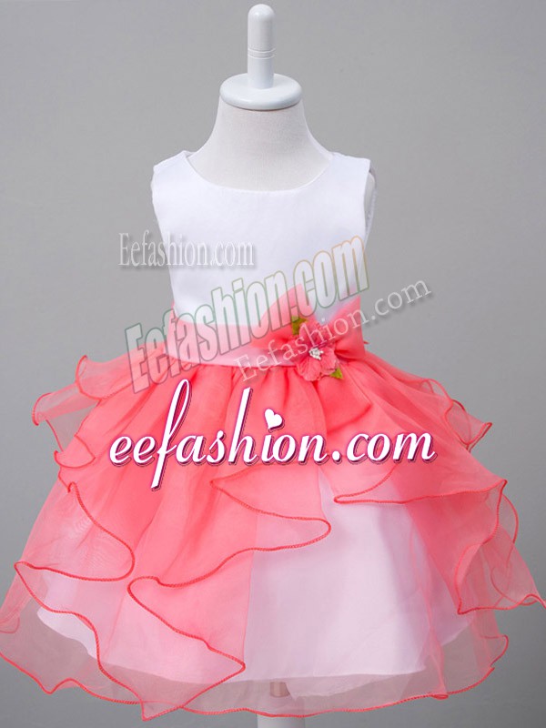 Traditional White And Red Scoop Zipper Ruffles and Bowknot Flower Girl Dresses Sleeveless
