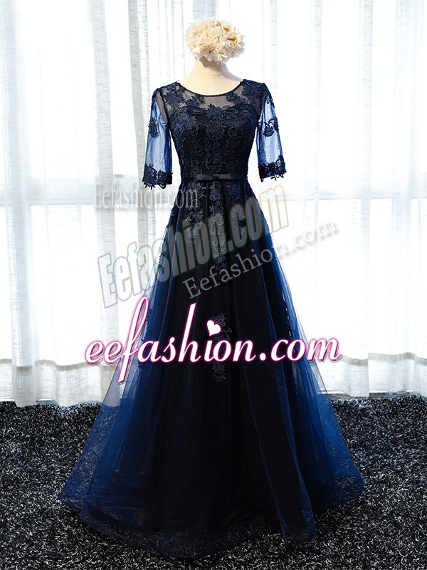 Shining Scoop Half Sleeves Floor Length Lace and Appliques Navy Blue Tulle