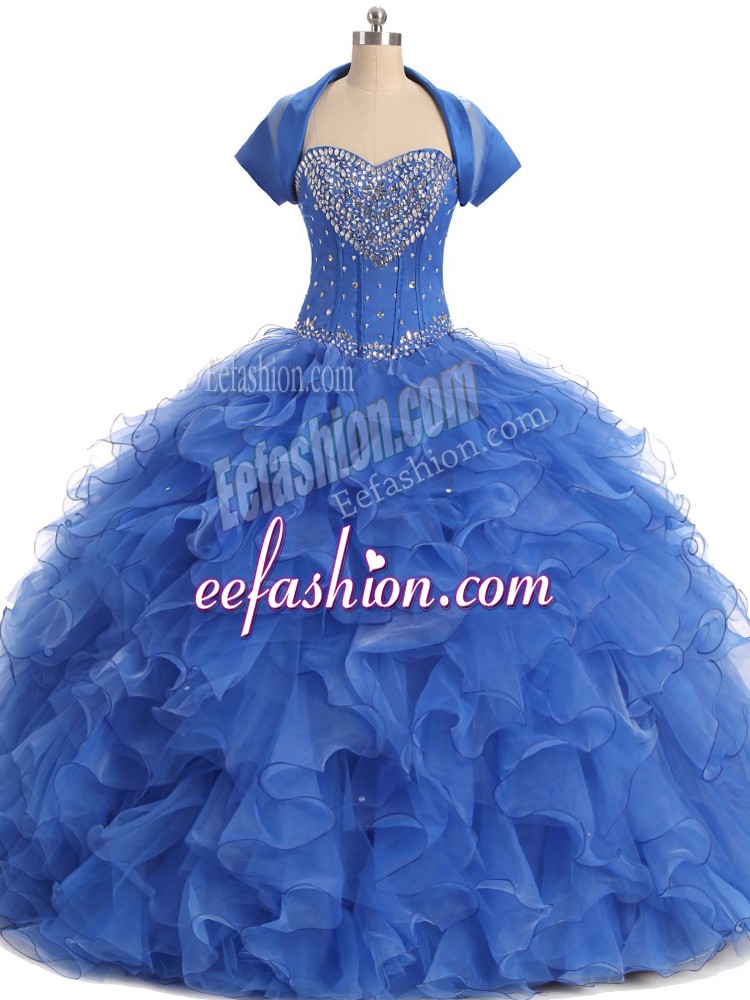 Custom Design Floor Length Blue Ball Gown Prom Dress Strapless Sleeveless Lace Up