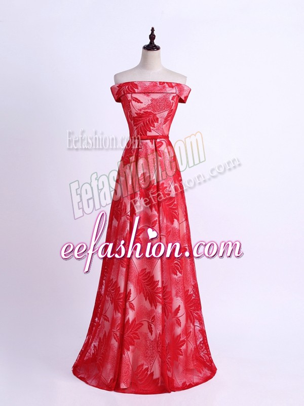 Cute Off The Shoulder Sleeveless Vestidos de Damas Floor Length Pattern Red Printed