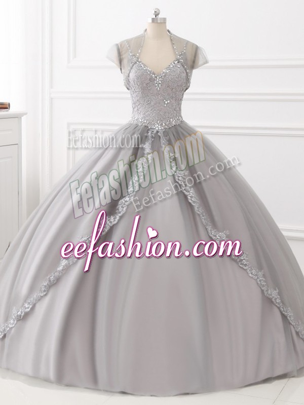 Fine Sleeveless Floor Length Beading and Appliques Lace Up Vestidos de Quinceanera with Grey