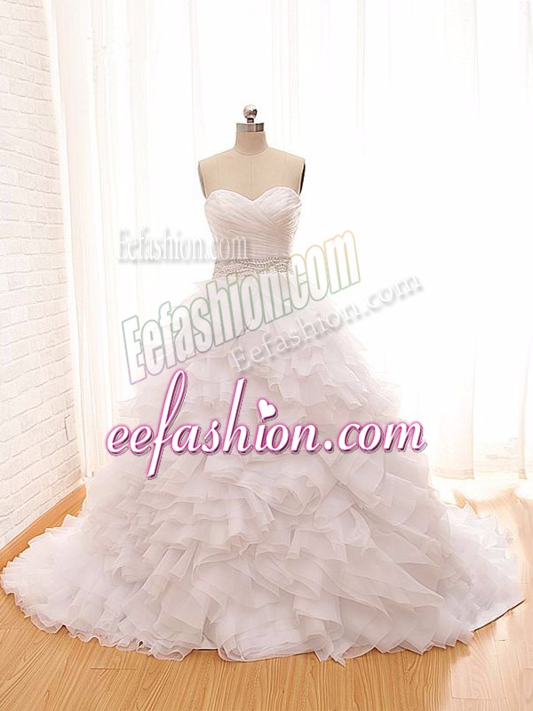  Lace Up Wedding Gown White for Wedding Party with Beading and Ruffles Brush Train