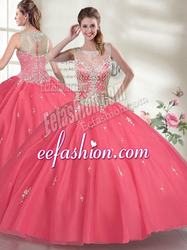 Traditional Scoop Sleeveless 15th Birthday Dress Floor Length Beading Hot Pink Organza