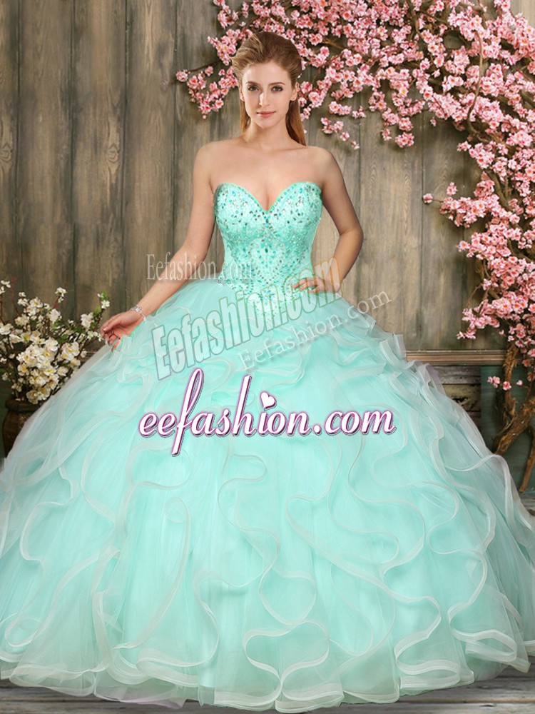 Sumptuous Floor Length Lace Up Quinceanera Dresses Apple Green for Military Ball and Sweet 16 and Quinceanera with Beading and Ruffles