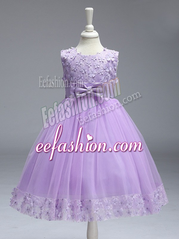 Admirable Sleeveless Knee Length Lace and Bowknot Zipper Kids Formal Wear with Lavender