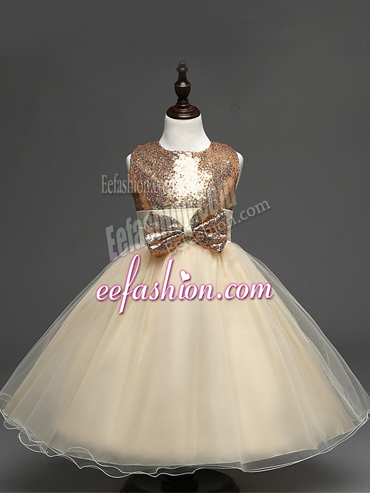 Perfect Champagne Sleeveless Tea Length Sequins and Bowknot Zipper Flower Girl Dress