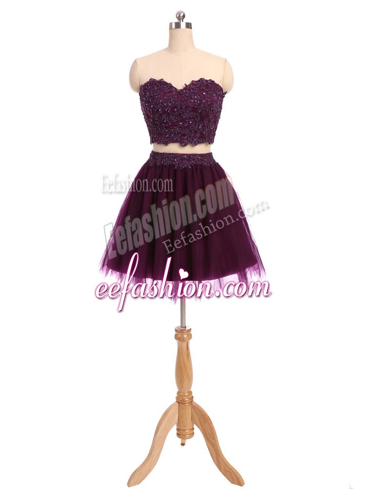 Glorious Mini Length Two Pieces Sleeveless Dark Purple Homecoming Dress Zipper