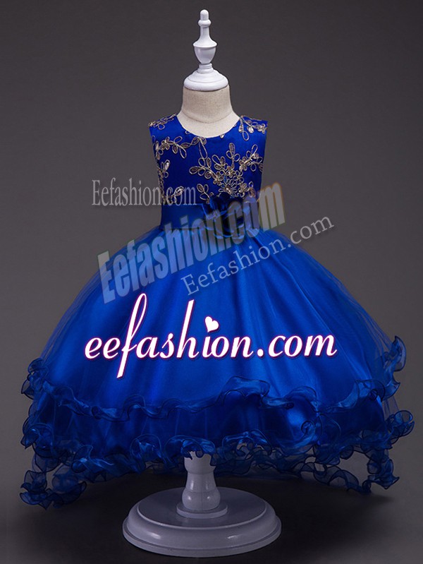  Royal Blue Ball Gowns Scoop Sleeveless Tulle High Low Zipper Appliques and Hand Made Flower Little Girls Pageant Dress Wholesale