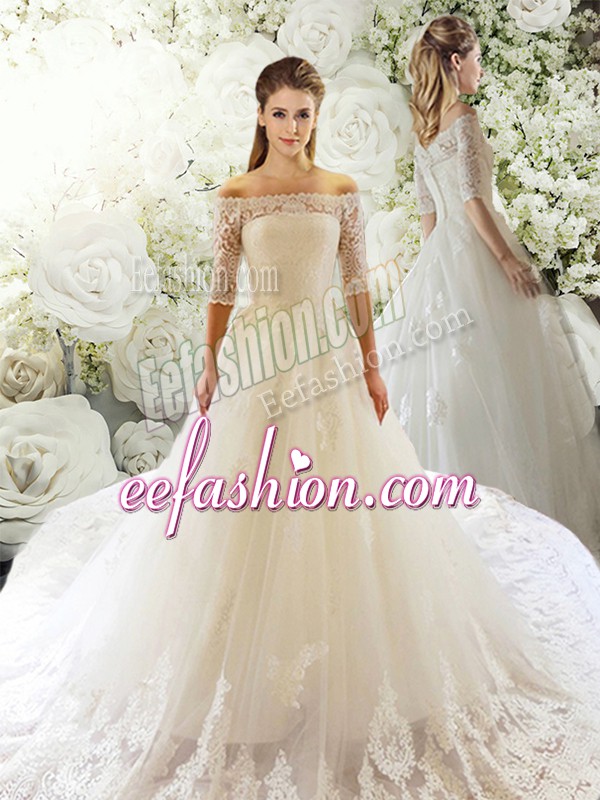 Exquisite White Wedding Dresses Tulle Court Train Half Sleeves Lace