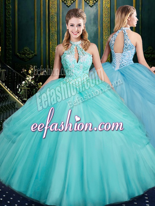  Aqua Blue Tulle Lace Up Ball Gown Prom Dress Sleeveless Floor Length Beading and Pick Ups