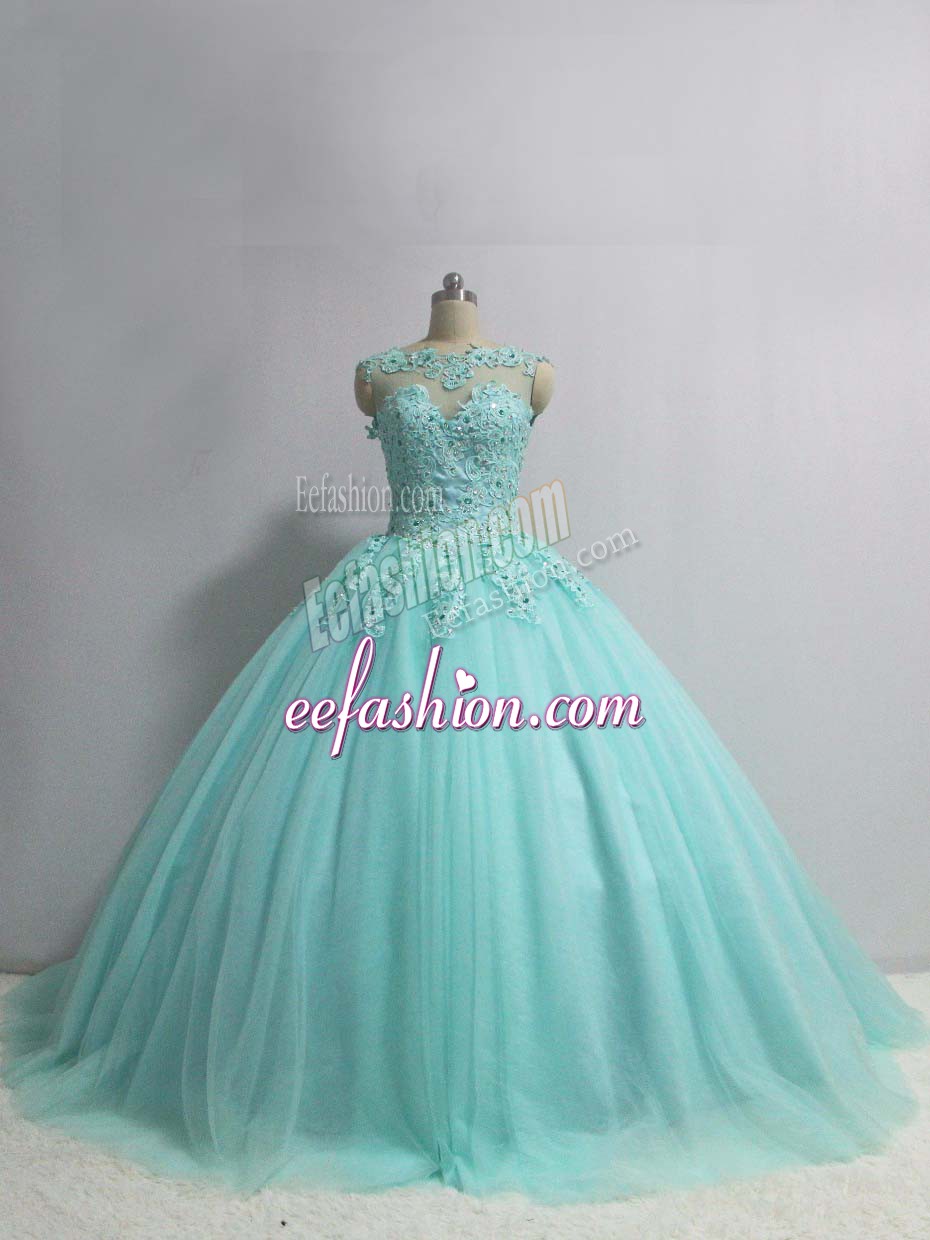 Most Popular Aqua Blue Sleeveless Floor Length Appliques Lace Up Ball Gown Prom Dress