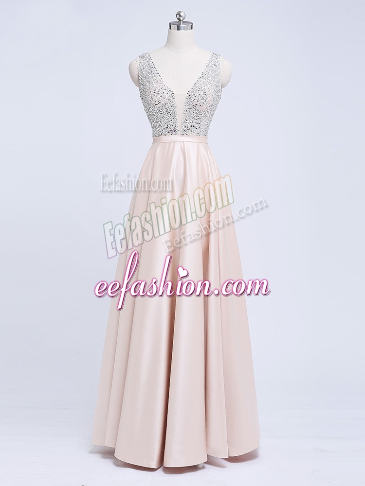 Elegant Sleeveless Elastic Woven Satin Floor Length Backless Formal Evening Gowns in Champagne with Beading and Belt
